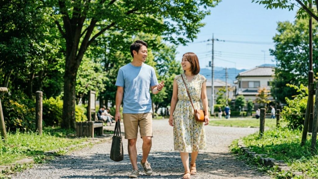 マッチングアプリの遠距離で知り合った男女が、郊外の公園で自然に会話を楽しみながら歩く様子。出会いから付き合うまでの流れをイメージ。