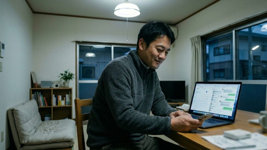マッチングアプリの遠距離における自然消滅を防ぐため、自宅でカレンダーやメッセージを深刻に見つめ直す30代男性の姿。失敗を防ぐ注意点を意識。