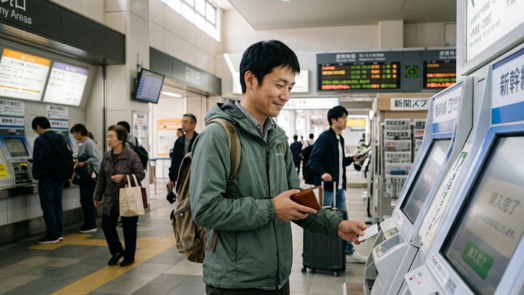 マッチングアプリの遠距離で発生する交通費の節約術を実践し、地方駅の券売機で切符を購入して少しほっとした表情の30代男性。公平な分担を意識。