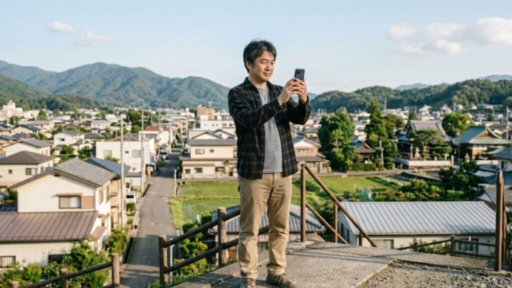 日記に載せるための風景写真を撮る男性。地方でもマッチングアプリはまともな人はやらないという先入観を捨てて行動する様子。
