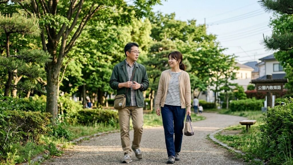 マッチングアプリはまともな人はやらないという誤解を解くような、郊外の公園で自然に会話しながら歩く男女の風景。
