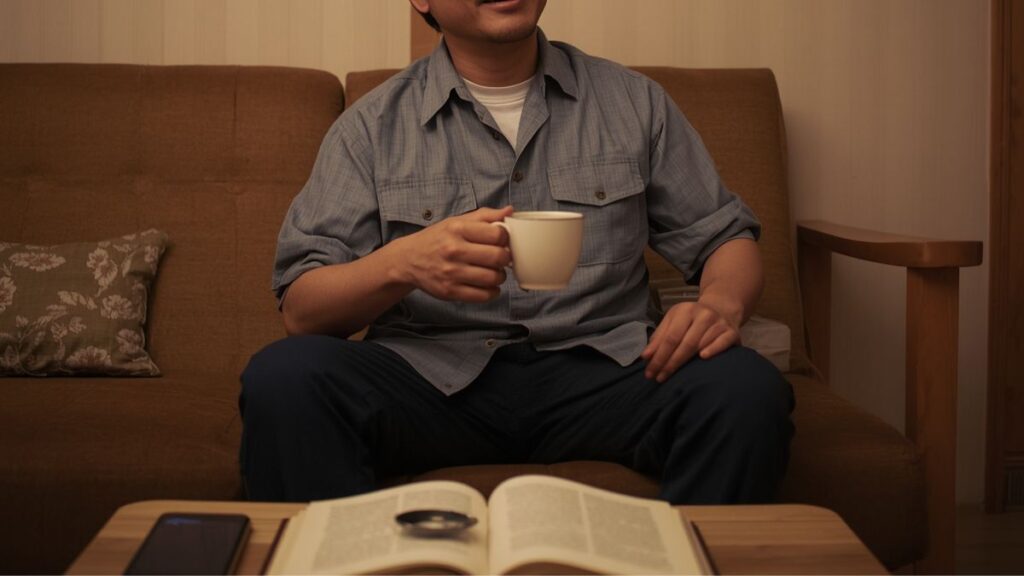 マッチングアプリはまともな人はやらないという偏見を覆す、自宅で穏やかに過ごしながら出会いを探す誠実そうな男性。