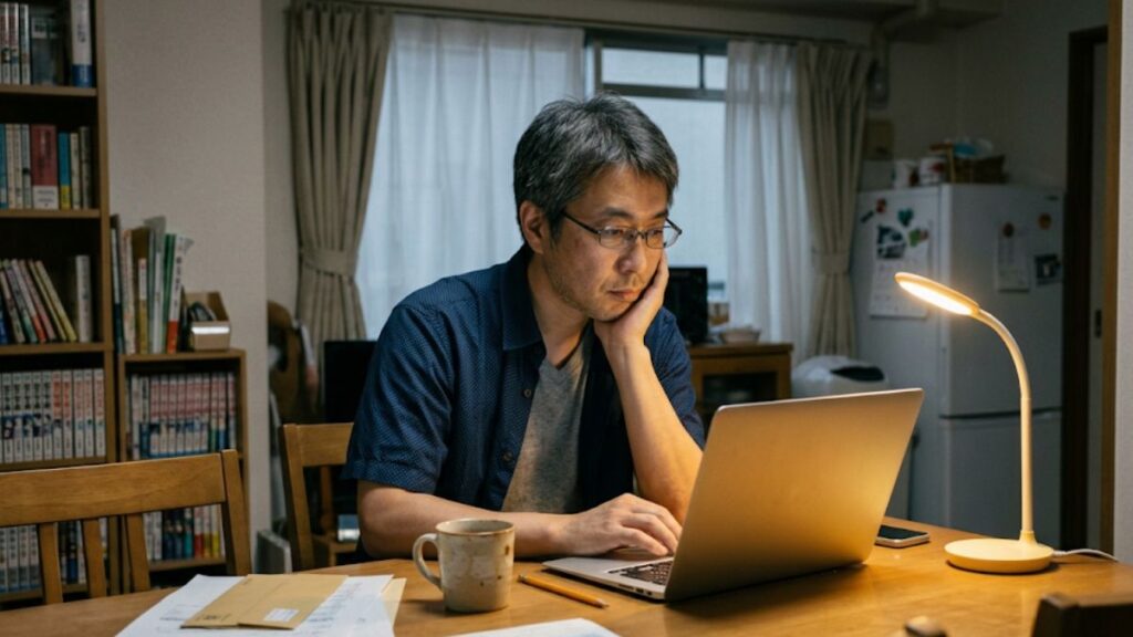 注意深い視点で画面を確認する男性の姿。「マッチングアプリはまともな人はやらない」と不安に感じる前の見極めが大切です。