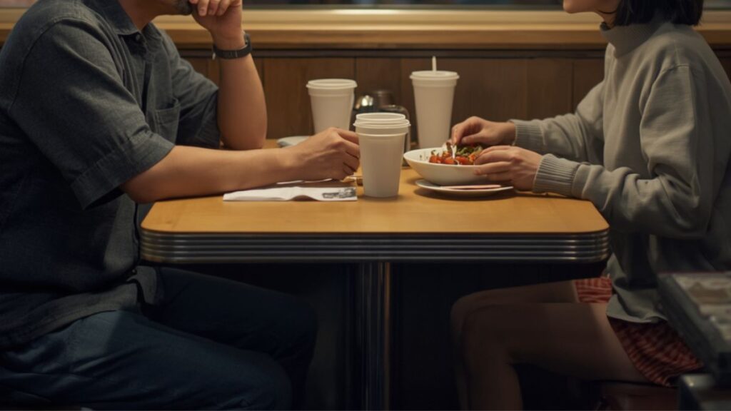 マッチングアプリはまともな人はやらないと疑わずに向き合う、地方のカジュアルな定食屋で食事をする男女のリアルな風景。