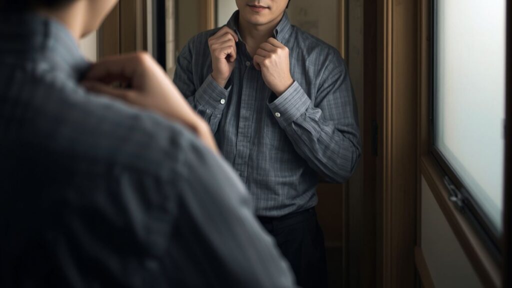 マッチングアプリはまともな人はやらないという噂を気にせず、身だしなみを整えて出会いの準備をする40代男性の姿。