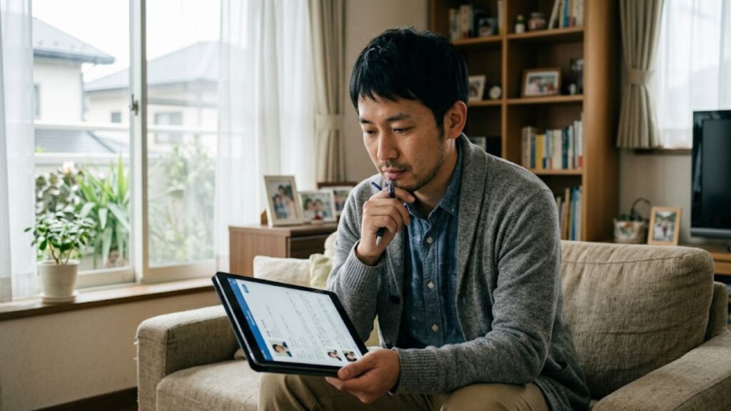 相手のプロフィールをじっくり読んで誠実さを見極める男性。マッチングアプリはまともな人はやらないという不安を解消します。