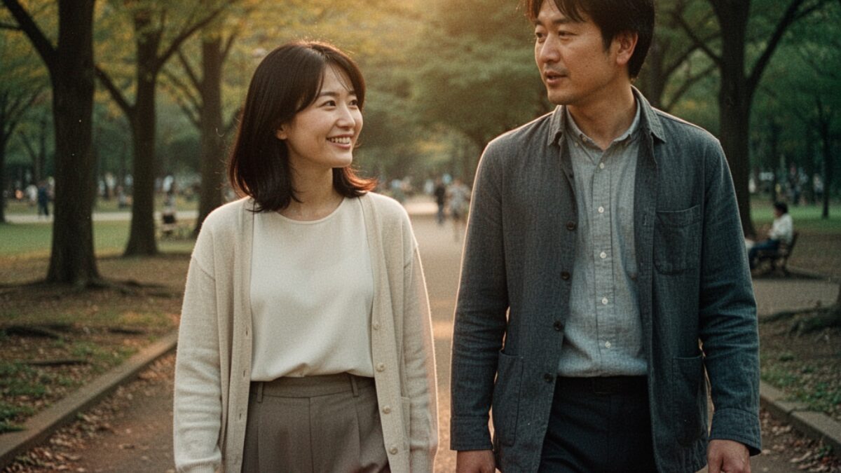 夕暮れの公園を歩く大人の男女。地方40代男性のマッチングアプリ攻略をイメージした穏やかなワンシーン。