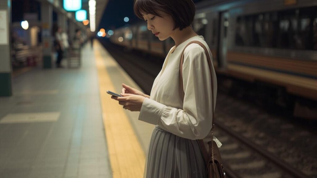 春服姿でデート終わりの夜の駅のホームに立ち、スマートフォンを手に物思いにふける30代日本人女性。彼女の表情は、マッチングアプリで2回目に会う基準を考えているかのようです。