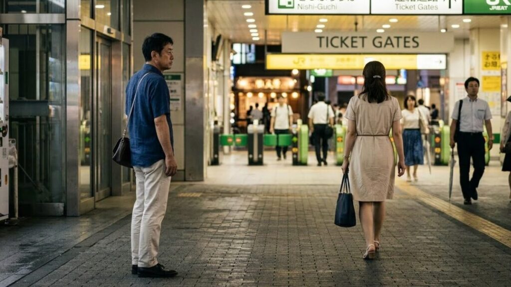 夜の街で去っていく女性を見送る30代日本人男性。無理に追いかけず潔く引く姿勢が、マッチングアプリで2回目に会う基準に合わない場合の大人の振る舞いを示唆しています。