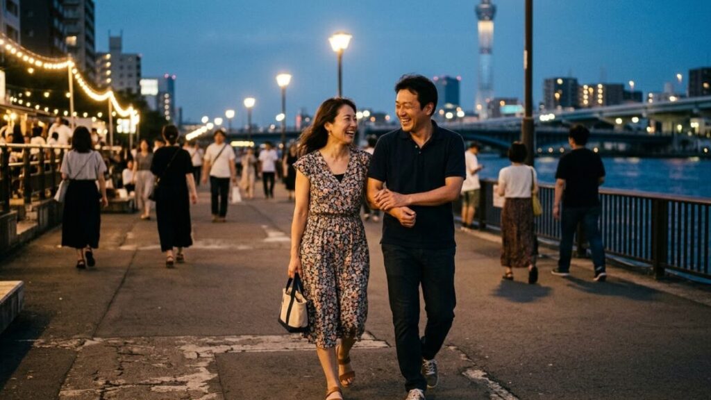 夏服姿で夜の海辺をリラックスして笑顔で歩く30から40代の日本人男女。女性の自然な笑顔が、マッチングアプリで2回目に会う基準となる居心地の良さを表しています。