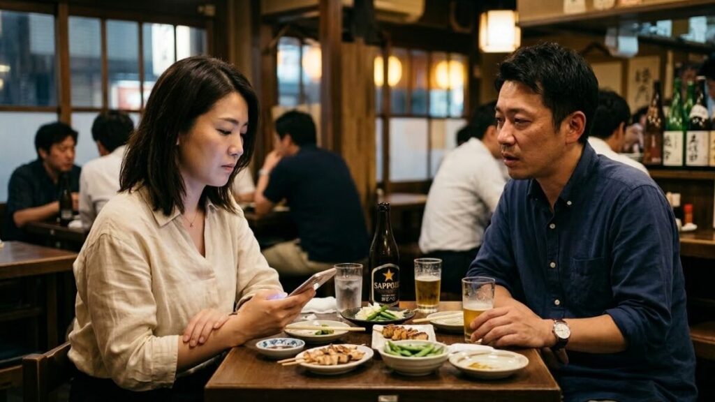 春服を着てレストランで男性が話している最中に、少し離れた様子でスマートフォンを見る日本人女性。マッチングアプリで2回目に会う基準を見極める男性側の視点。