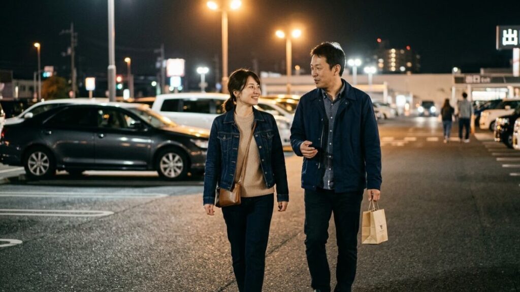 春服姿で夜の駐車場にて、女性のために車の助手席のドアを開ける40代日本人男性。彼の落ち着いた行動が、マッチングアプリで2回目に会う基準となる誠実さと大人の余裕をアピールします。