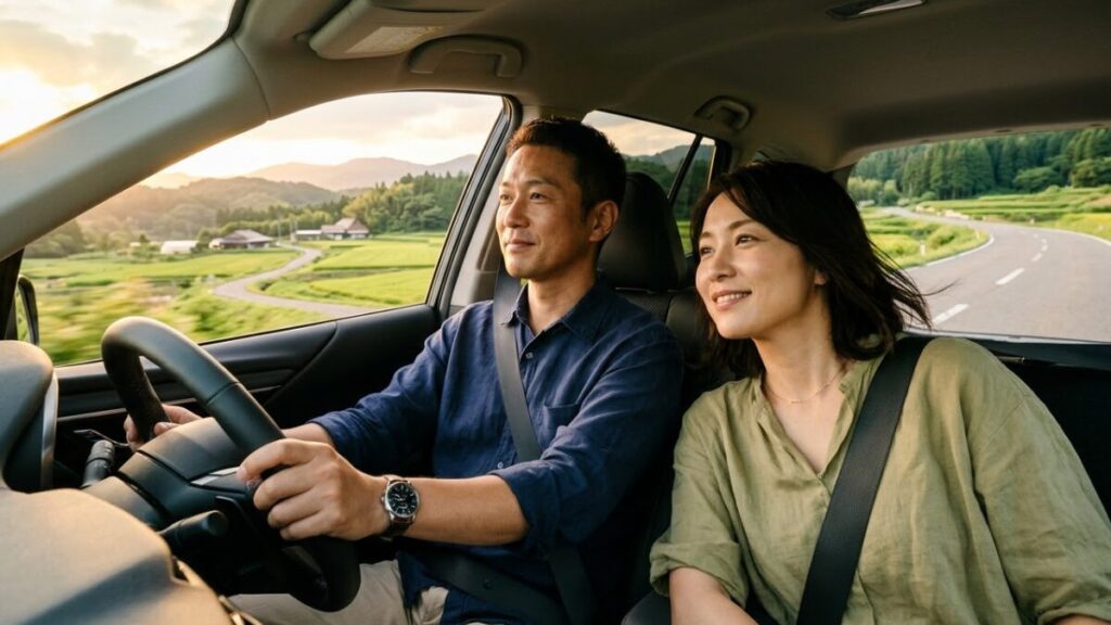 春服を着て地方の郊外をドライブする30から40代の日本人男女。助手席の女性がリラックスしており、マッチングアプリで2回目に会う基準を満たす自然な関係構築が進んでいる様子。
