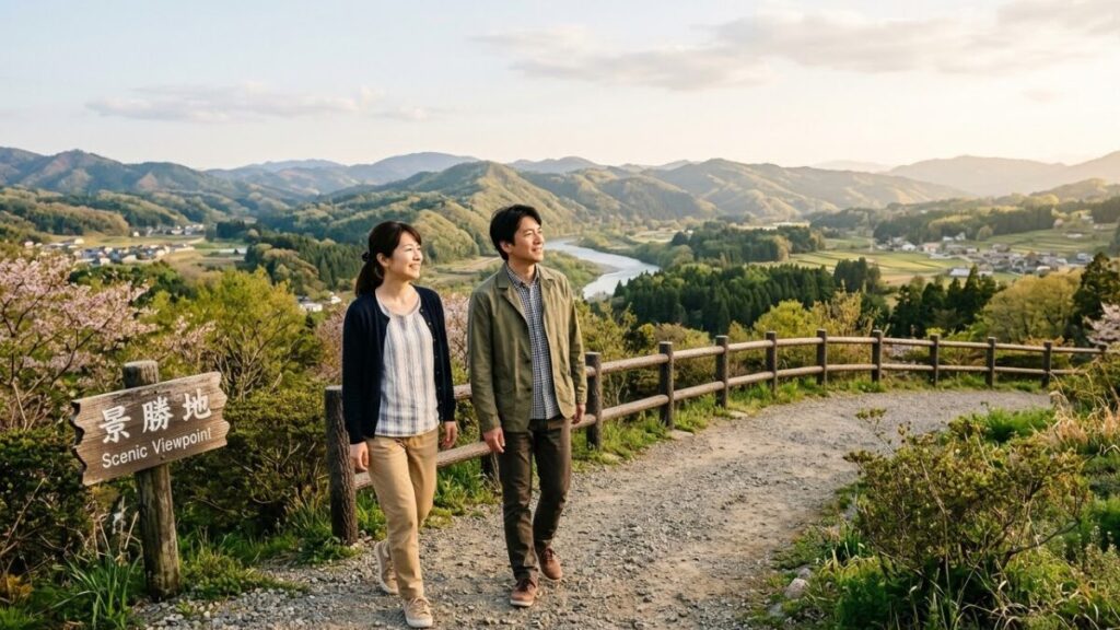 マッチングアプリで2回目に会う基準をクリアした二人が、次の場所として選んだ地方の景色の良い場所。リラックスした雰囲気が居心地の良さを感じさせる春服のドライブデート。