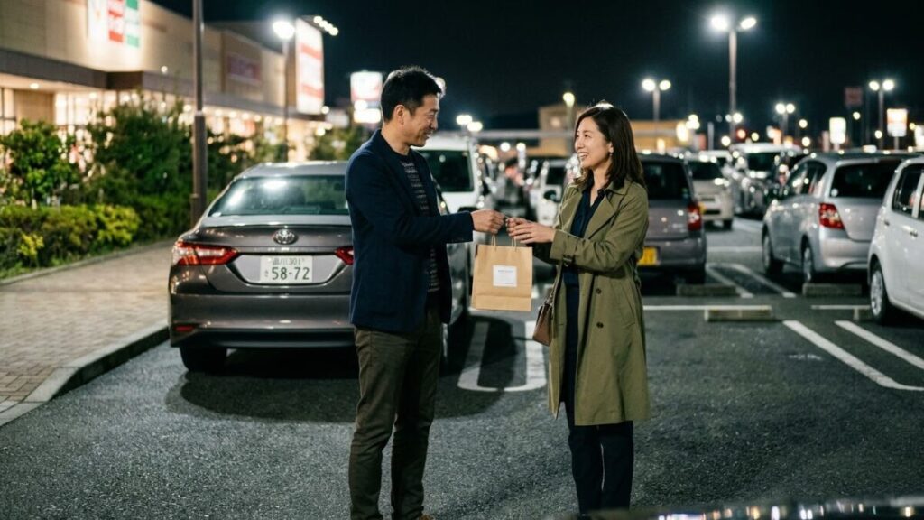 夜の駐車場で男性から小さな手土産を受け取り微笑む30代日本人女性。彼の誠実な行動が、マッチングアプリで2回目に会う基準をクリアし、本命として意識させます。