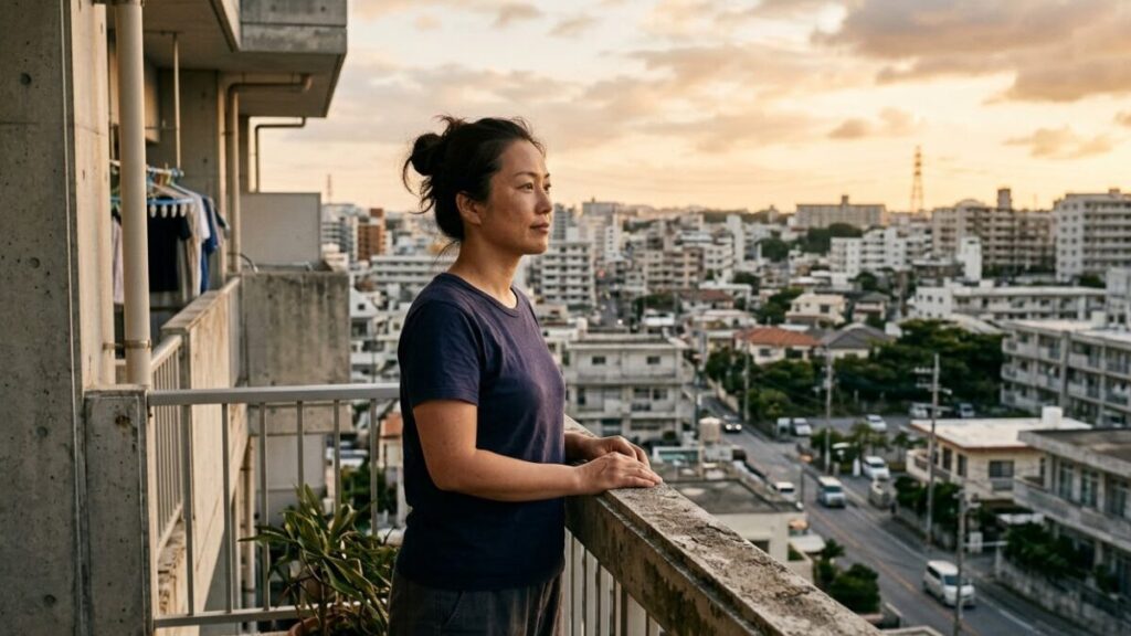 那覇のアパートのバルコニーで、決意を秘めた表情で夕暮れの街並みを眺める等身大の30代女性。沖縄の離婚率が高い理由という現実を力強く受け止める姿。
