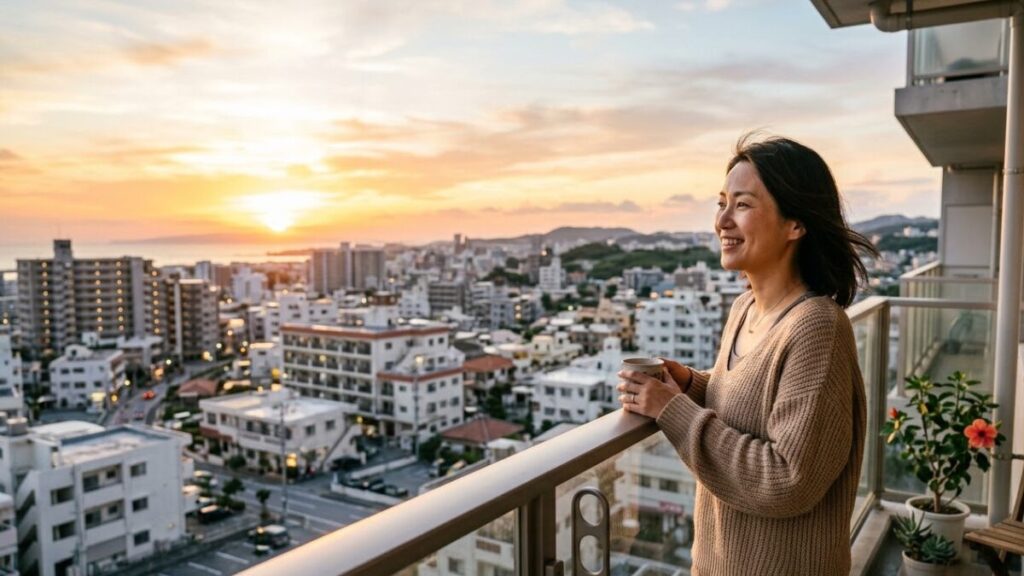 再出発への希望を感じさせる、穏やかな表情の女性。「ゆいまーる」の精神が離婚を支える文化を反映し、沖縄の離婚率が高い理由を支え合いという肯定的な側面から捉えた光景。
