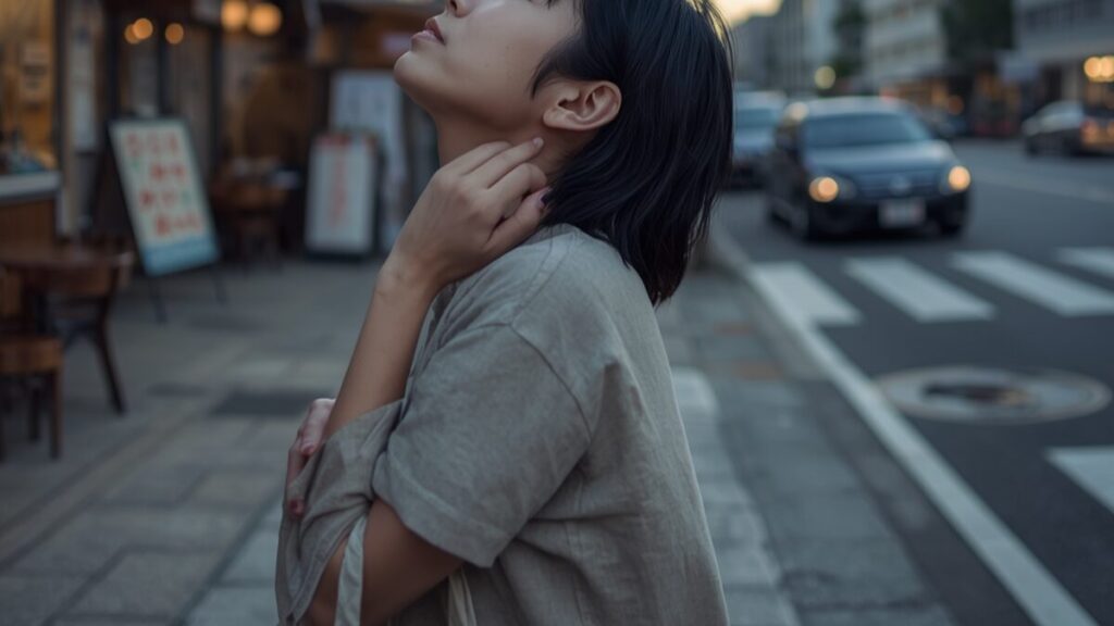 那覇の住宅街の歩道で、買い物の帰りに立ち止まり夕暮れの空を見上げて思いを巡らせる40代女性。沖縄の離婚率が高い理由の実態を肌で感じる日常。