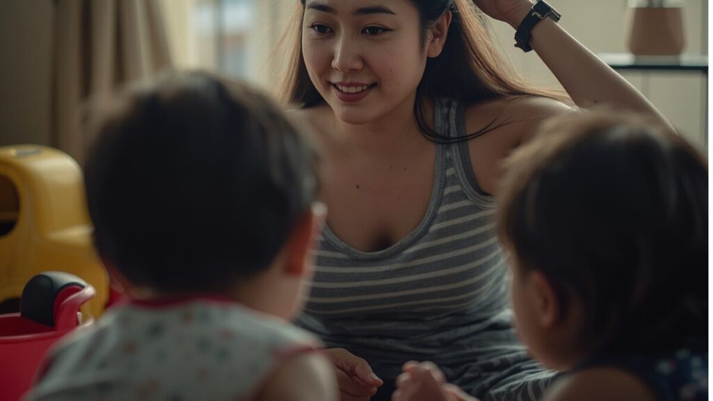 那覇のアパートのリビングで、飾らない日常の姿で子供たちと遊ぶ30代女性。デキ婚や多子世帯など、沖縄の離婚率が高い理由の背景にあるリアルな生活。