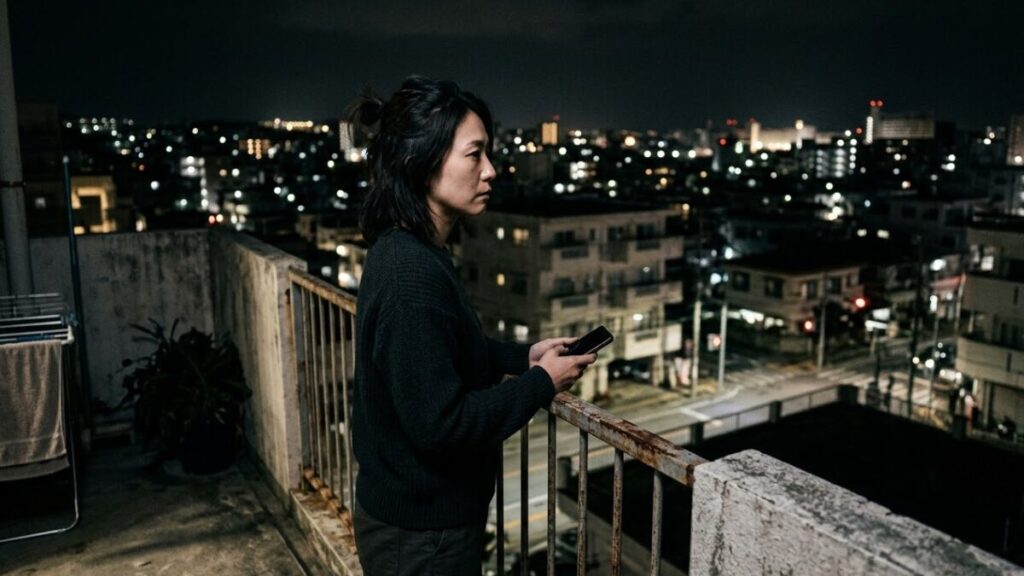 夜、那覇のアパートのバルコニーで、アクセサリーを外した素の表情で街の明かりを見つめる30代女性。沖縄の離婚率が高い理由と向き合う厳しい現実。
