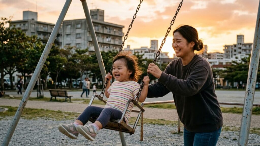 那覇の住宅街近くの公園で、夕暮れ時、子供とブランコで遊びながら笑顔を見せる30代のシングルマザー。バツイチが多い実態と、沖縄の離婚率が高い理由。