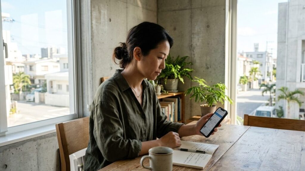 明るい室内でスマートフォンを見つめ、将来のキャリアについて考える30代の女性。沖縄の離婚率が高い理由の根底にある雇用環境の厳しさと、それに向き合う等身大な姿。