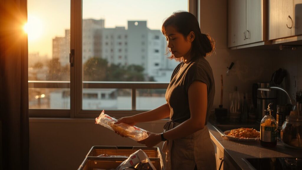 夕暮れ時のキッチンで家計を管理する40代女性の日常。平均年収が低い理由という経済的課題を抱えながらも、生活を支えようとする静かな決意と沖縄の離婚率が高い理由の背景。