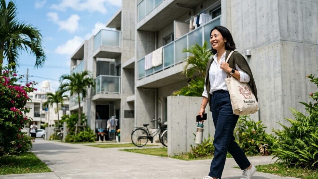 仕事と家庭を両立させ、自立して歩む沖縄の女性。共働き率の高さが示す沖縄家庭の形を象徴し、沖縄の離婚率が高い理由の一因である女性の逞しさと精神的な自立を表現。