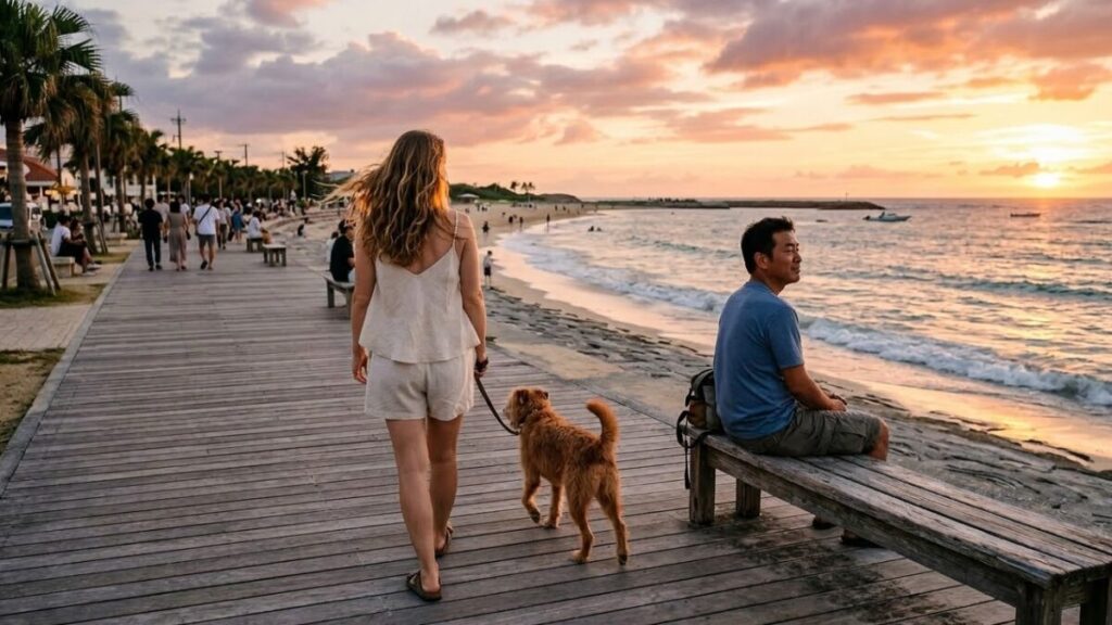 夕暮れ時のビーチ沿いでアクティビティを楽しみながら沖縄で外国人との出会いのきっかけを待つ日常的な光景。