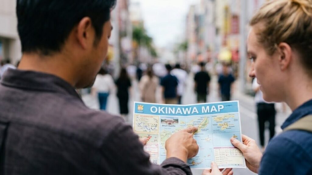 国際通りの歩行者天国で旅行中の外国人と日本人男性が道案内を通じて沖縄で外国人との出会いを叶えるシーン。