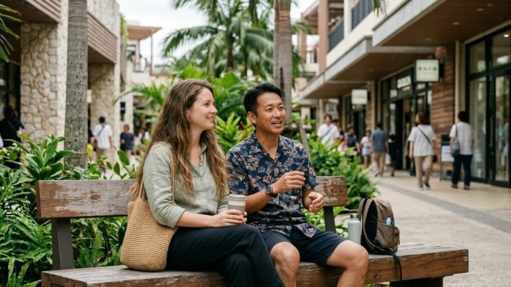 開放的な屋外のベンチでリラックスしながら自然な会話を通して沖縄で外国人との出会いを探す男女の様子。