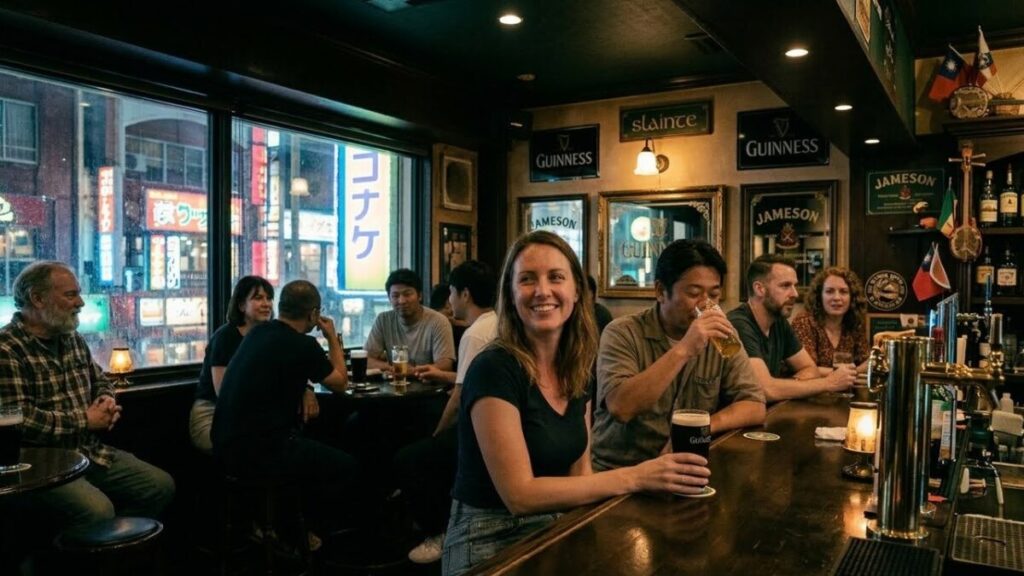 夜のコザにあるパブの落ち着いた雰囲気の中で沖縄で外国人との出会いを楽しむ30代から40代の男女。