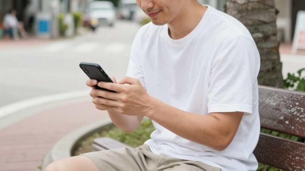 那覇の街角でリラックスしながらスマートフォンを操作する男性。沖縄で外国人との出会いを効率的に探せるアプリを活用し、自分のペースで新しい繋がりを広げる様子。