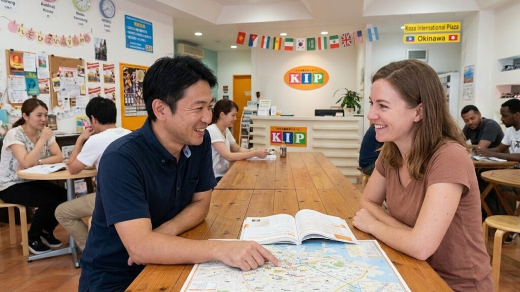 コザの交流施設で外国人女性と語学交換を楽しむ日本人男性。沖縄で外国人との出会いや友人作りを目的とした、公的で安心感のあるコミュニティスペースの様子。