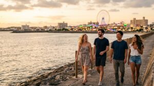 沖縄で外国人との出会いを求めて夕暮れ時の北谷の海岸沿いを自然体で楽しそうに歩く多様な外国人と日本人男性のグループの風景。