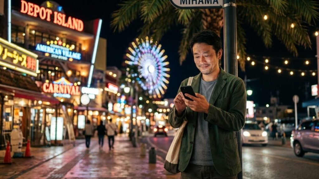 夜のアメリカンビレッジでスマートフォンを手に取りながら沖縄で外国人との出会いに向けたアプリを活用する日本人男性。