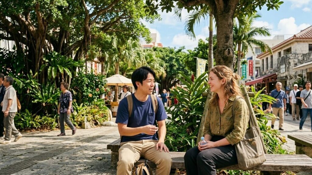 沖縄の公共スペースで多様な国籍の人々と自然な会話を楽しみながら沖縄で外国人との出会いのきっかけを作る外国人女性と日本人男性。