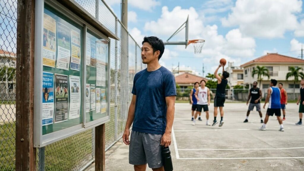 沖縄で外国人との出会いを求め地域の掲示板で語学交換や趣味の仲間募集をチェックする日本人男性の日常的な様子。