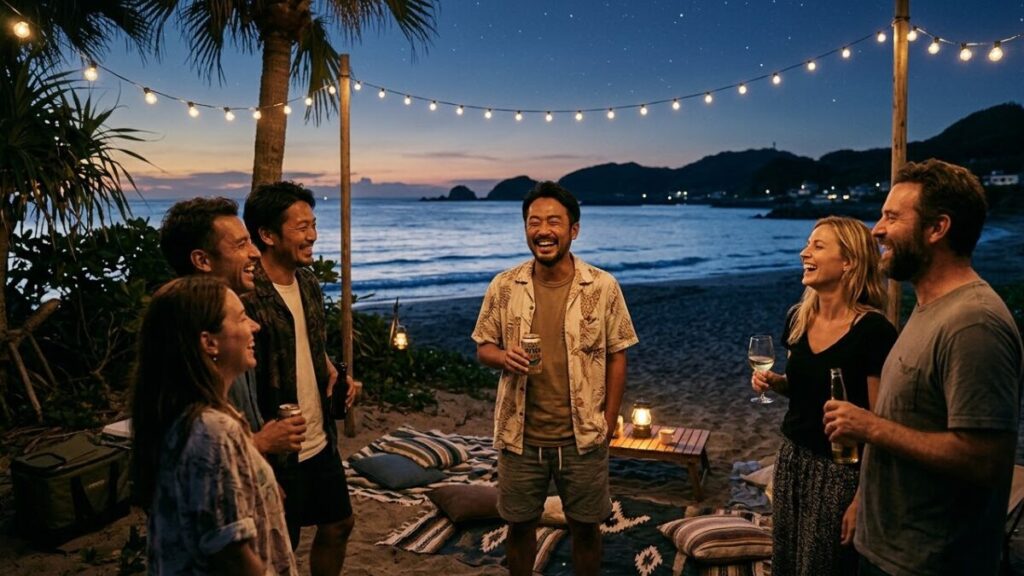 ビーチでの親睦会に参加し落ち着いた雰囲気の中で多様な人々と沖縄で外国人との出会いを楽しむ30代から40代の外国人女性と日本人男性。