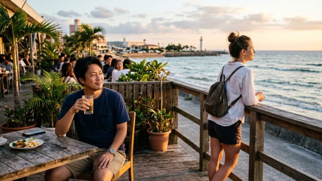 沖縄で外国人との出会いを求めて一人で行動する日本人男性と海辺でリラックスする外国人女性の自然な風景。