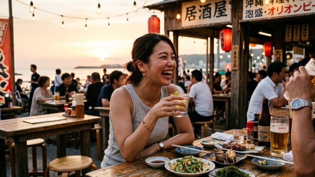 沖縄でナイチャーはモテるのか。沖縄の居酒屋でくつろぐ、移住者の30代日本人女性。夕暮れの温かい光の中で、相手と楽しげに話す。リアルな恋愛事情の1枚。