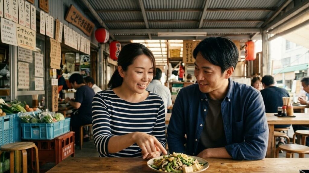 沖縄でナイチャーがモテるための会話のきっかけ。地元の料理について教わりながら、興味深く耳を傾ける男性と楽しげに話す30代日本人女性の様子。