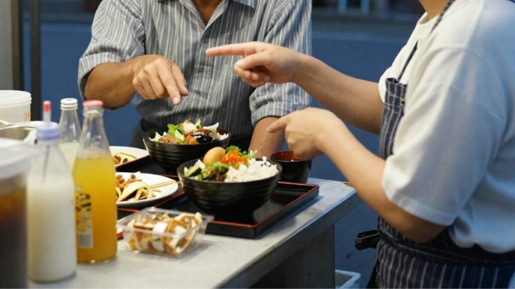 屋台で現地の食文化について女性に教えてもらう40代日本人男性。素直に質問することが会話の種になり、沖縄でナイチャーはモテる第一歩となる光景です。