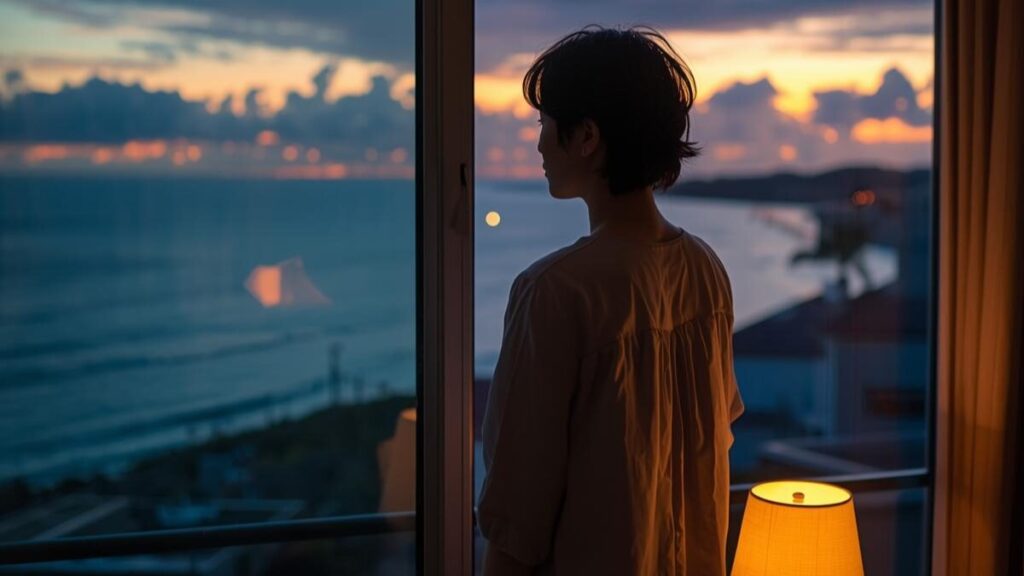 沖縄でナイチャーがモテるとはどういうことか。沖縄の海を窓から眺める、30代日本人移住女性。夕暮れの中、新しい生活に思いを馳せるリアルな瞬間。
