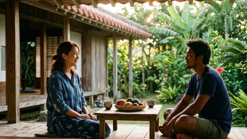 沖縄でナイチャーはモテるが、地元男子の人気も高い。沖縄の民家の縁側でくつろぐ30代日本人男女。力強い目元など、ウチナー男子特有の魅力が伝わるリアルな光景。