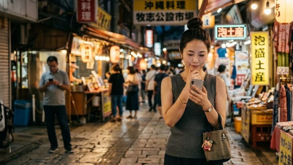 沖縄でナイチャーがモテるためには、地元男子との違いを知る。沖縄の賑やかな夜の市場で、スマホを見て思案する30代日本人女性。自分に合う相手との出会いを考えるリアルな一瞬。