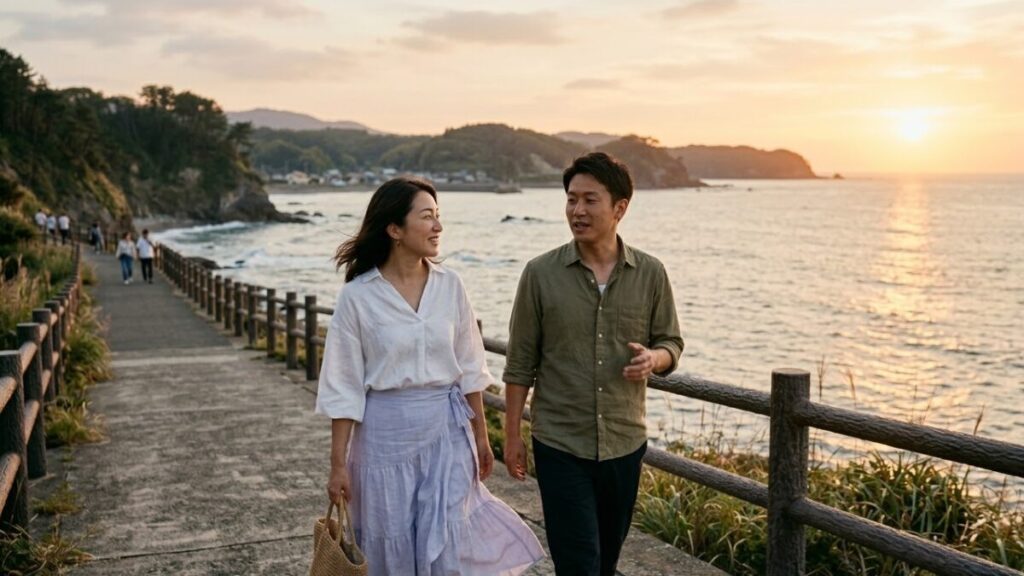 新しい価値観に惹かれ沖縄でナイチャーがモテる傾向があります。海沿いの道を並んで歩きながら、新鮮な会話を楽しむ30代日本人女性の自然な姿。