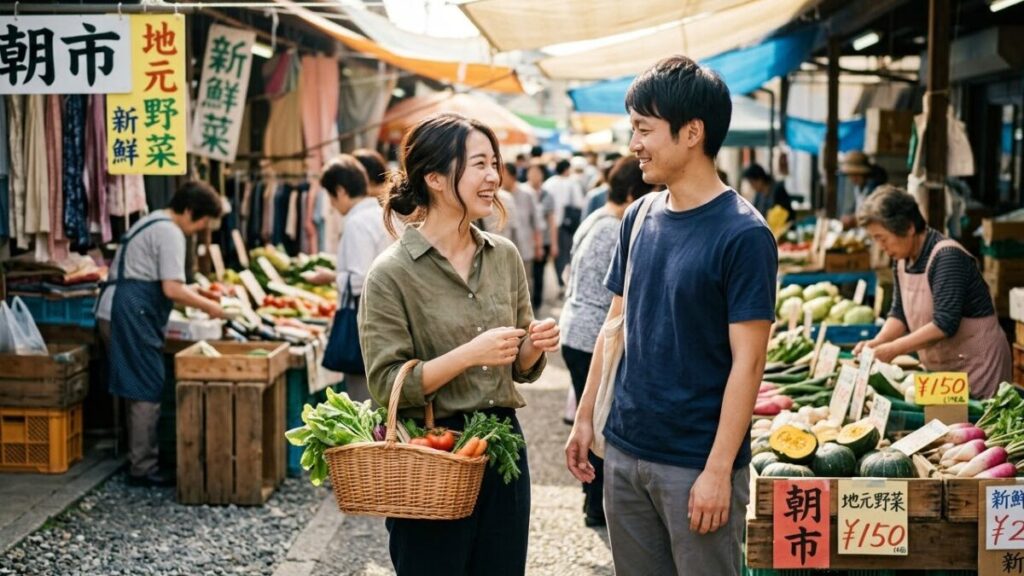 地元に根付く誠実な姿勢から沖縄でナイチャーはモテることも。地元の市場で一緒に買い物を楽しむ、30代男女のリアルで穏やかな日常のワンシーン。