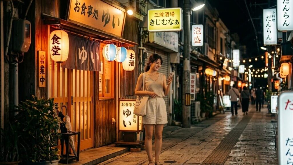 沖縄でナイチャーがモテる背景にある夜型社会の情景。夜の静かな街角で、運転代行を待つ30代日本人女性の落ち着いた日常をリアルに描いた一枚。