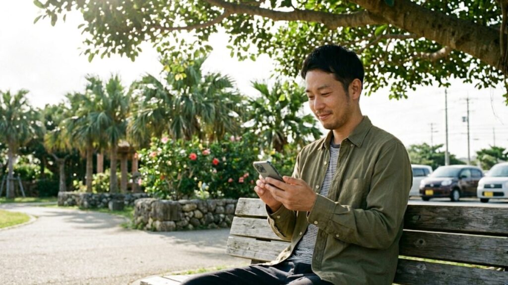 沖縄で出会いがない状況を効率よく改善するために、外出先の公園でリラックスしながらマッチングアプリを活用して新しい繋がりを探す男性。